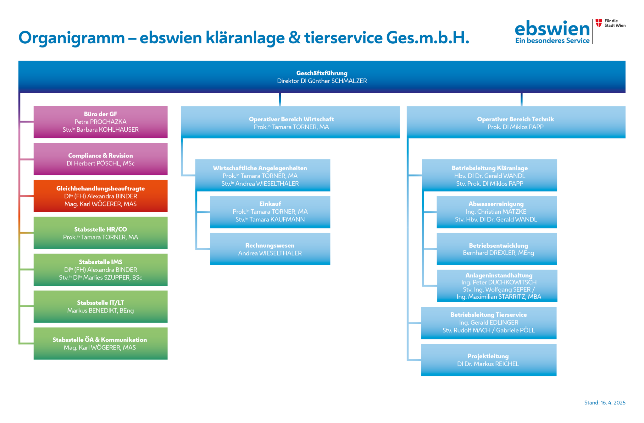 Das Bild zeigt das Organigramm der ebswien kläranlage & tierservice Ges.m.b.H. zum Stichtag 16. April 2025.