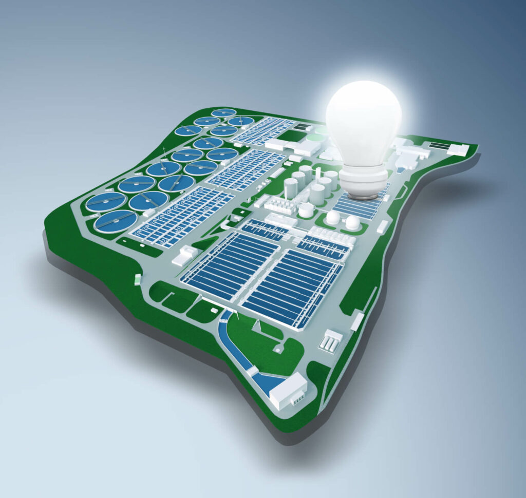Grafik der Wiener Kläranlage. Eine leuchtende Glühbirne symbolisiert die Erzeugung von Öko-Energie.